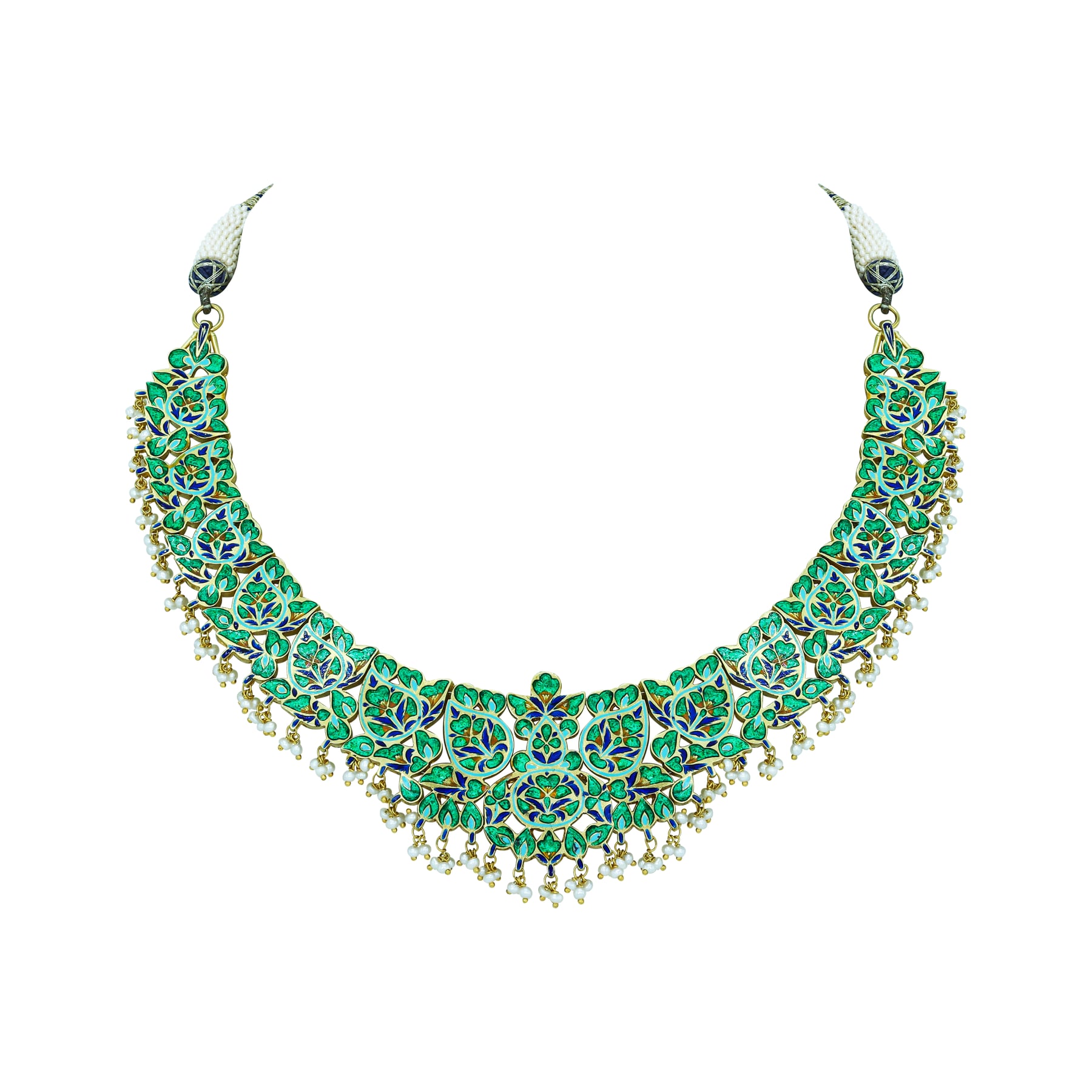 Polki Necklace with Blue Enamel and Layered Pearls